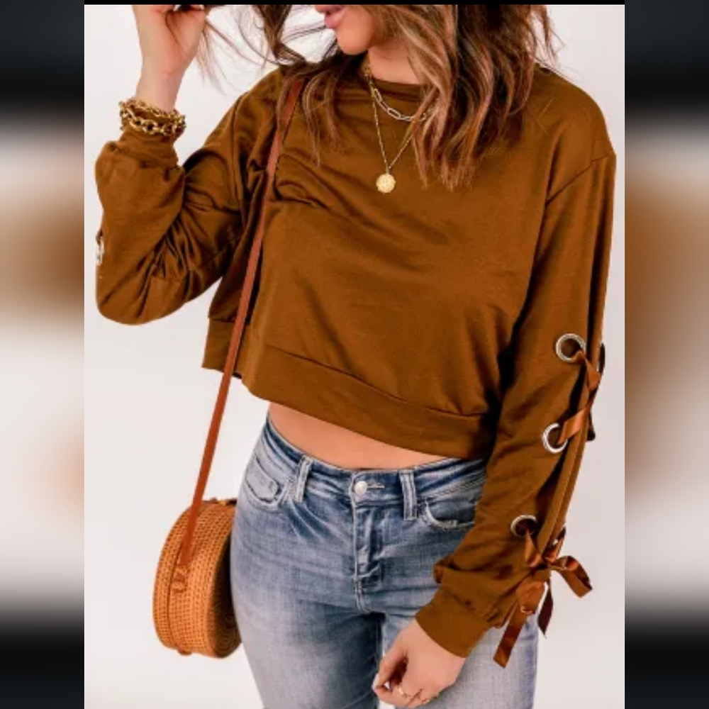 ❤️New Trendy grommet ribbon sleeve crop top - Picture 14 of 16